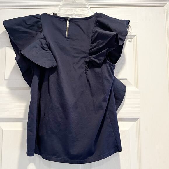 J Crew Navy Blue Ruffle Front Top G5502 Preppy Cotton Blouse Extra Small Shirt - Picture 11 of 12